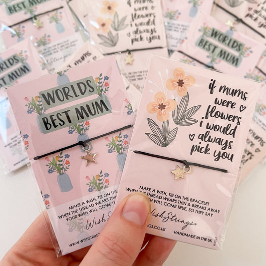 12 x WishStrings ‘World’s Best Mum’ & ‘If Mums Were Flowers, I’d Always Pick You’ Designs | RRP £3.99 Each | Fantastic Margins | Limited Stock