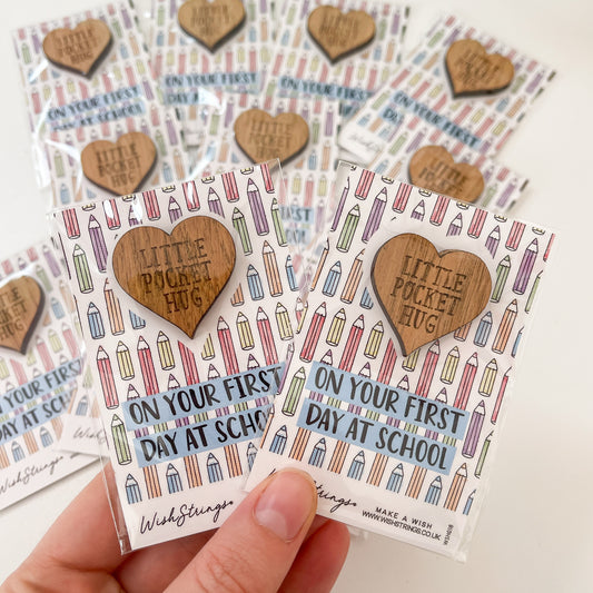 12 x ‘On Your First Day at School’ Pocket Hugs | Little Wooden Hug Token | RRP £3.99 Each | Fantastic Margins | Limited Stock
