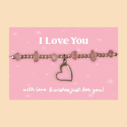 Little Wishes® “I Love You” Rose Quartz Gemstone Chip Bracelet | J003/LW024