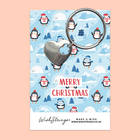 Merry Christmas, Penguins - Heart Keyring - J374