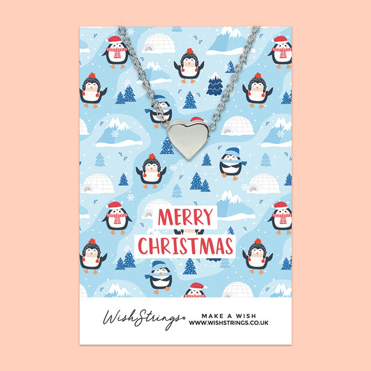 Merry Christmas, Penguins- Heart Necklace - J374
