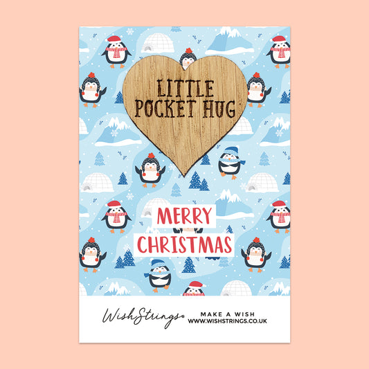 Merry Christmas, Penguins - Oak Pocket Hug Token (J374)