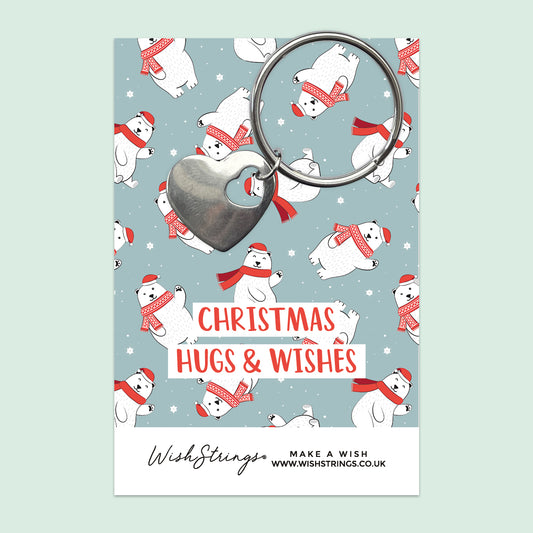 Polar Bear, Hug & Wishes - Heart Keyring - J378