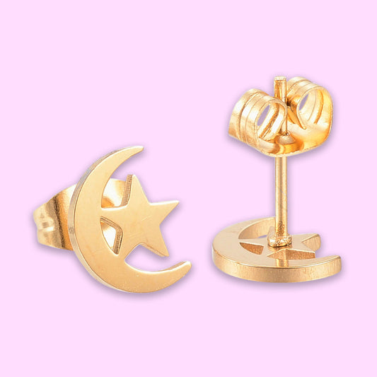 Golden Moon & Stars - Stud Earrings (E018)